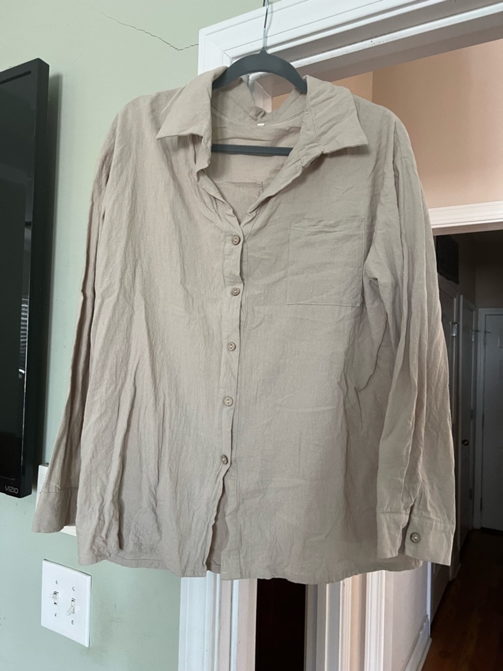 Light Beige Button-Front Linen Blend Shirt